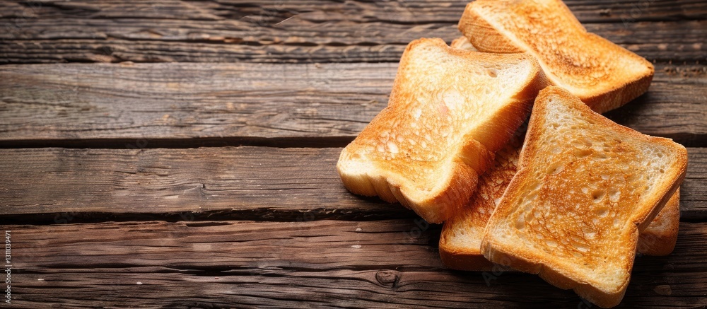 Fototapete toasted bread slices arranged on a rustic wooden table with golden brown crusts on the left side and