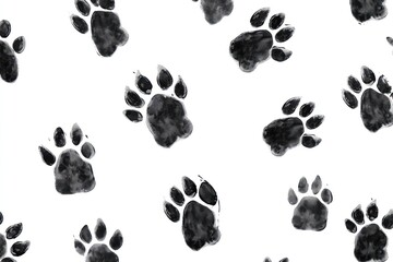 Fototapeta premium Black paw prints on white background; nature texture