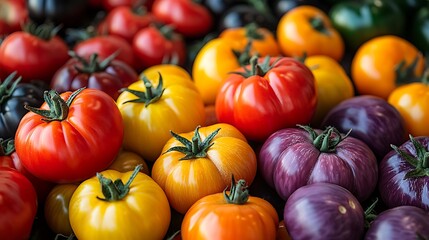 A rich variety of heirloom tomatoes in bold hues of purple yellow and red reflecting their organic origins