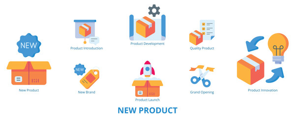 New Product Flat Banner Web Icon Set Vector Illustration, New Product Development Launch Introduction Brand Innovation Quality Grand Opening