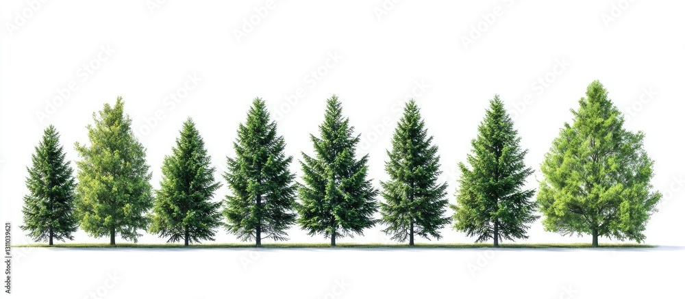 Poster green evergreen and deciduous trees in a straight line on a white background with varying heights an