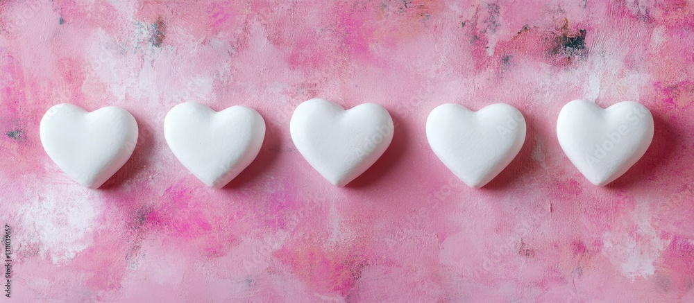 Poster white heart-shaped candies arranged in a line on a textured pink background with watercolor effects 