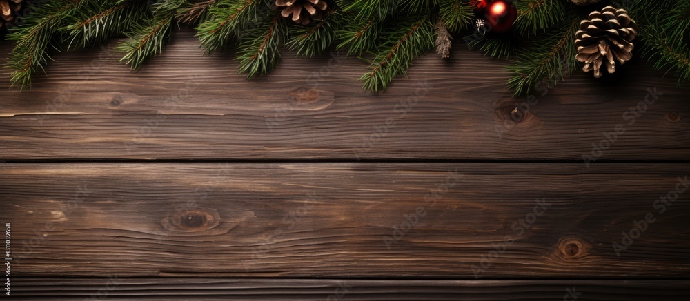 Poster christmas fir tree branches with pine cones and red ornaments on dark wooden background with ample c