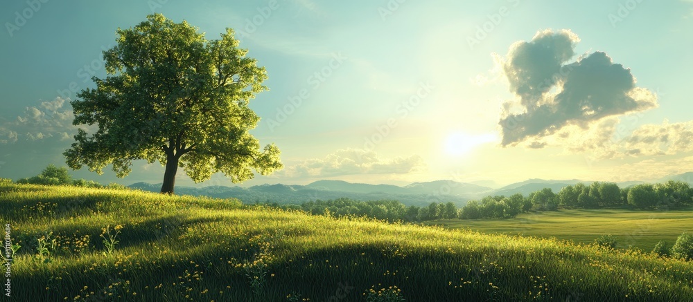 Poster lone lush green tree on rolling grassy hills with soft sunlight illuminating mountains in the backgr