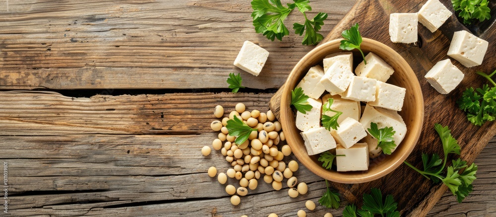 Poster Delightful top view of diced tofu and soybeans in a bowl surrounded by fresh parsley on rustic wooden table with ample copy space for text