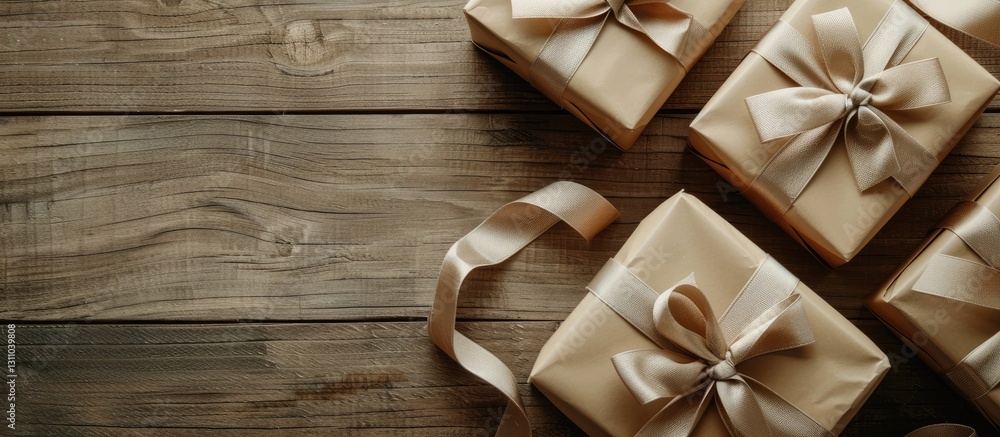 Poster top view of beige gift boxes with elegant ribbons arranged on a rustic wooden surface with ample cop