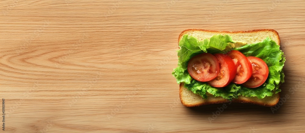 Poster healthy sandwich with layers of fresh lettuce and sliced tomatoes on brown wooden background, arrang