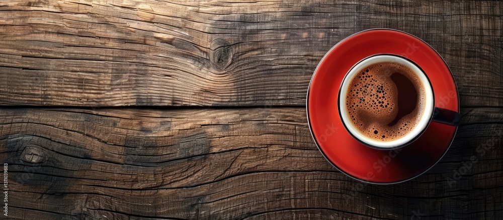 Poster top view of a red coffee cup on a rustic wooden table showcasing rich brown coffee and ample space f