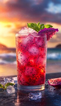 dragonfruit artisan cocktail in glass on beach