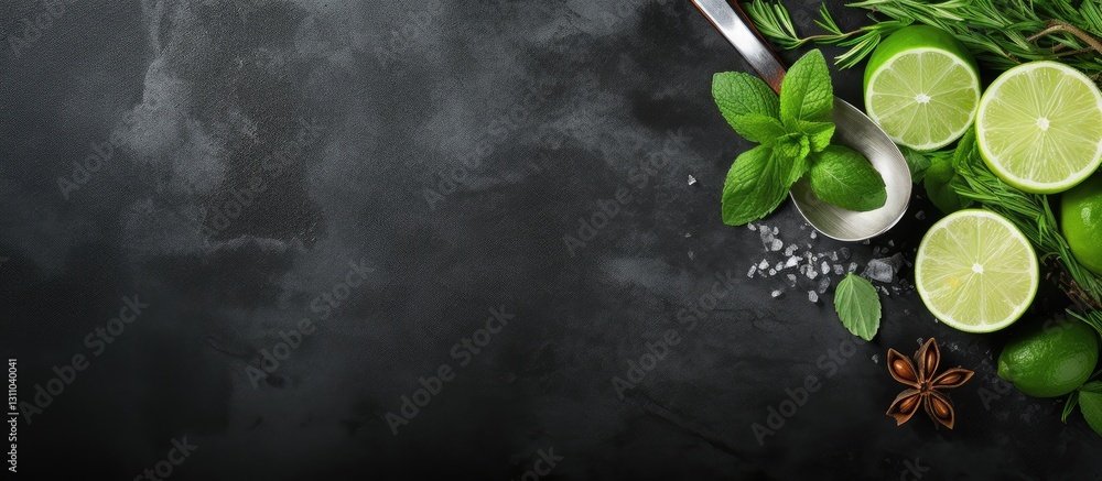 Poster fresh herbs and lime slices arranged on a dark stone background with a silver spoon, featuring green