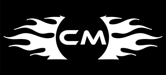 Futuristic abstract Logo with Fiery Flame Motif and Geometric 'CM' Emblem, Black and White Artwork