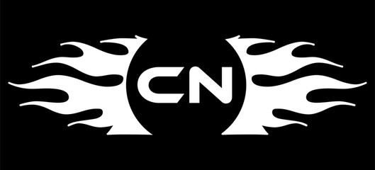 Futuristic abstract Logo with Fiery Flame Motif and Geometric 'CN' Emblem, Black and White Artwork