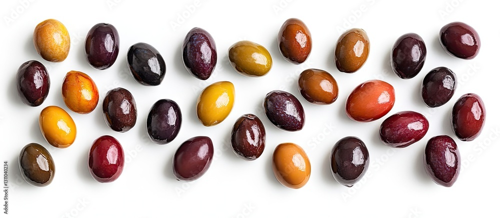 Poster assorted olives in various colors including green, black, and purple arranged in a neat row on a bri