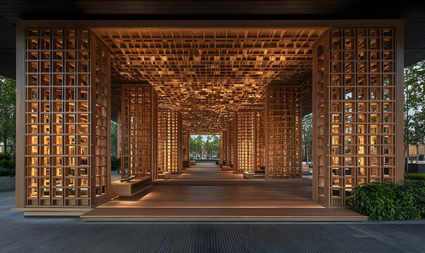 Modern Wooden Entranceway at Evening