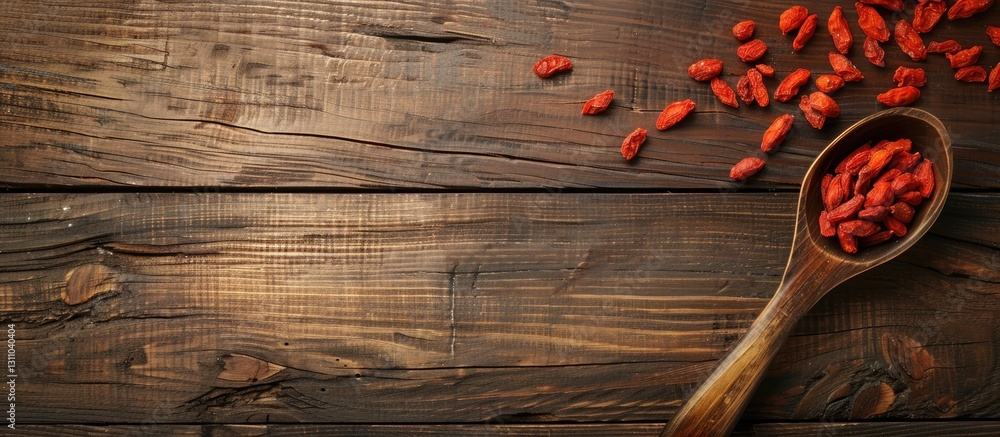 Poster wooden table with rich brown textures featuring a wooden spoon filled with red dried goji berries on