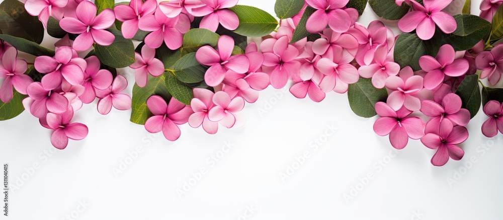 Leinwandbilder flat lay composition of lush pink flowers with green leaves on a clean white background creating amp