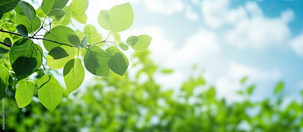 Fototapete vibrant green leaves frame the top right with soft sky peeking through bright clouds creating a sere