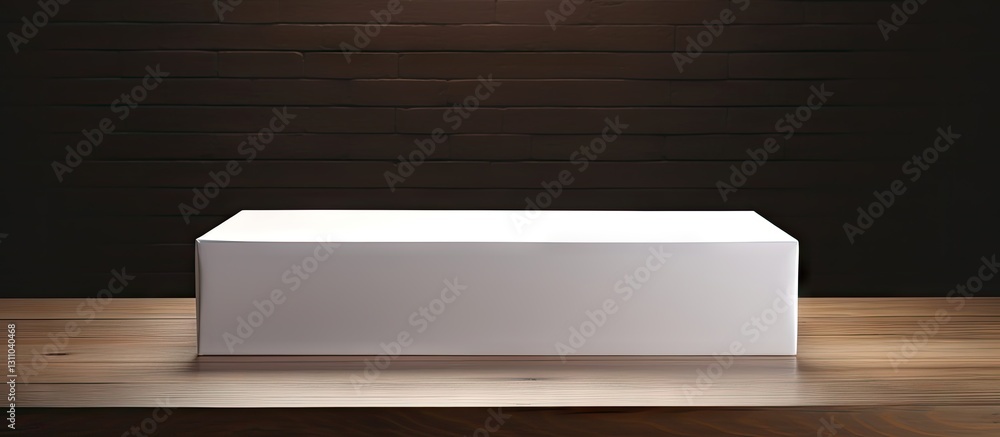 Fototapete Empty white gift box on a dark wooden table with a smooth texture highlighting the box's edges surrounded by subtle shadows for contrast.