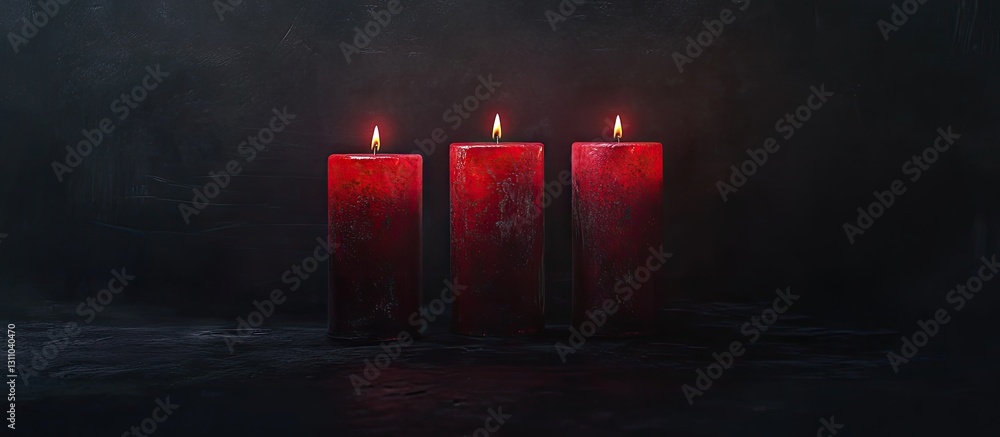 Aufkleber Three red candles with flickering flames arranged evenly against a dark background creating a moody and atmospheric setting with shadows.