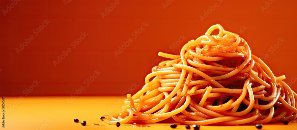 Poster spaghetti pasta arranged in a heap on a vibrant orange background with ample negative space ideal fo