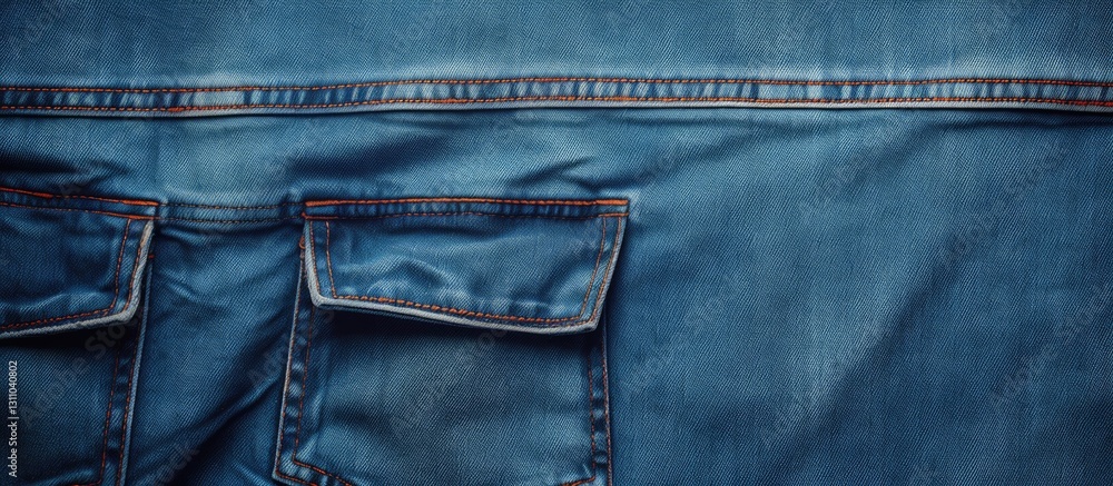 Poster denim blue jacket fabric with distinctive texture and detailed stitching elements in a flat layout s