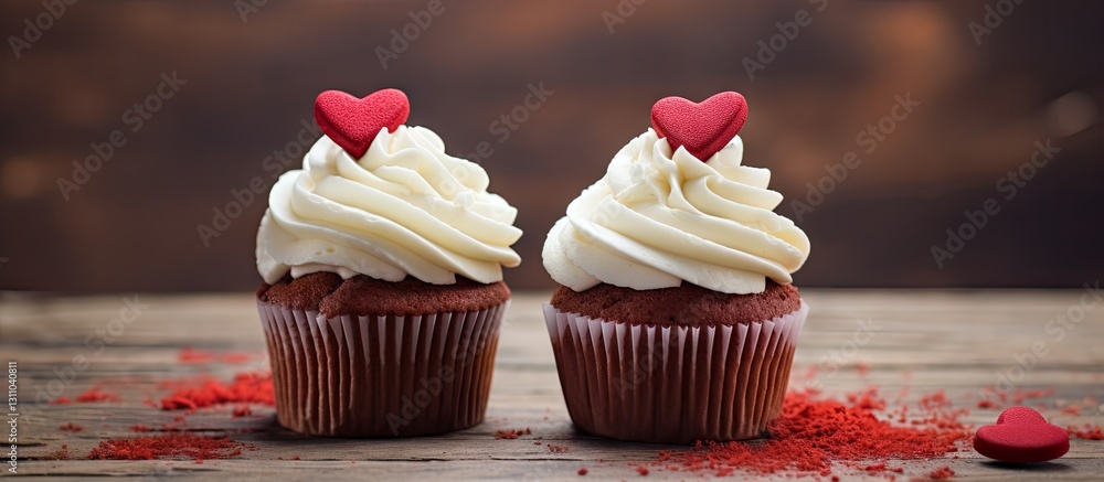 Poster delicious chocolate cupcakes with white frosting topped with red heart decorations placed on a rusti