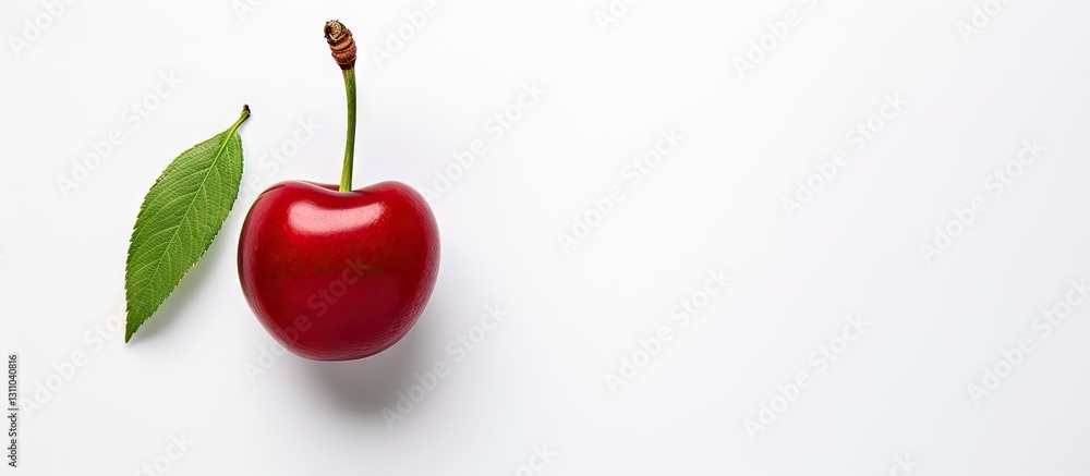 Poster A vibrant red cherry with a glossy surface positioned left atop a clean white background with a green leaf nearby creating a stark contrast and space