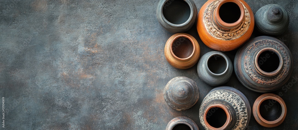 Leinwandbilder Artistic handcrafted pottery jars in various sizes arranged on a textured dark background with a top view perspective featuring earthy colors.
