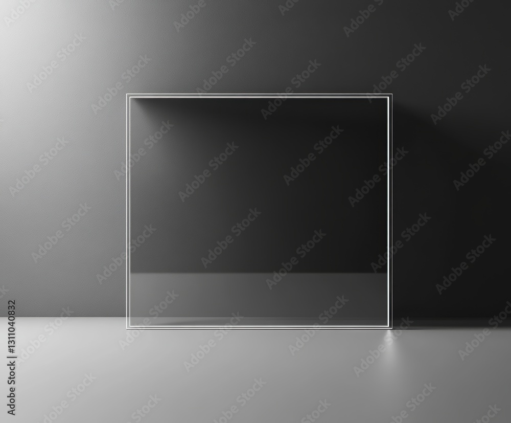 Poster geometric minimalism: a transparent display box casts intriguing shadows against contrasting gray ba
