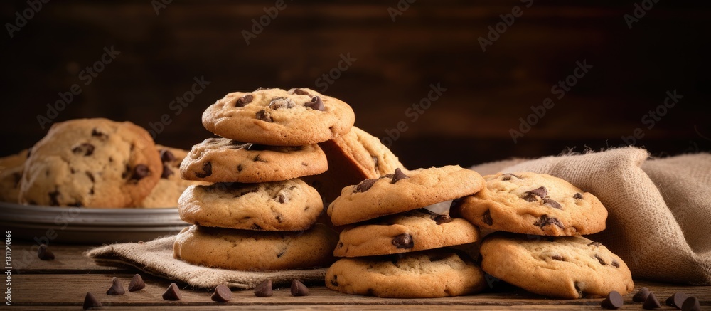 Poster homemade chocolate chip cookies stacked on a rustic wooden table with a gunny cloth background warm 
