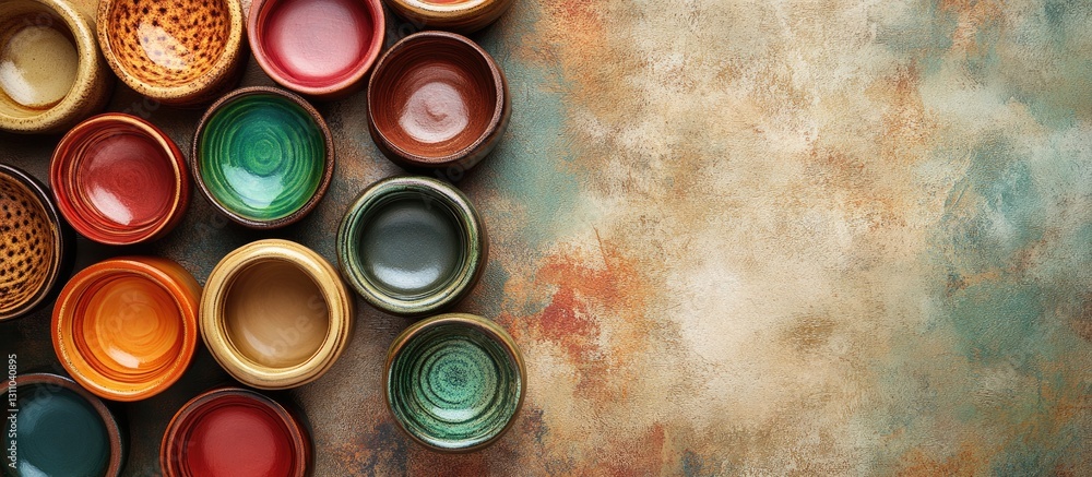 Aufkleber colorful handcrafted pottery jars arranged in a top view composition on a textured multicolored back