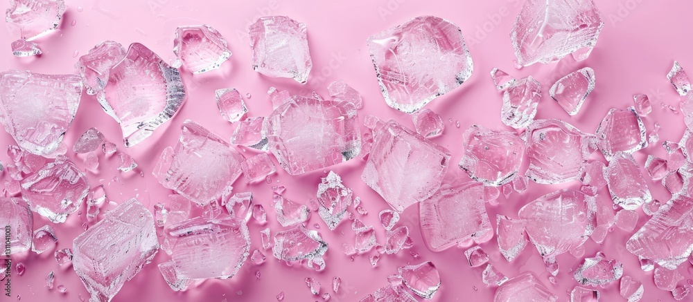 Aufkleber Top view of clear crushed ice scattered across a soft pink backdrop with ample negative space for text on the right side of the image