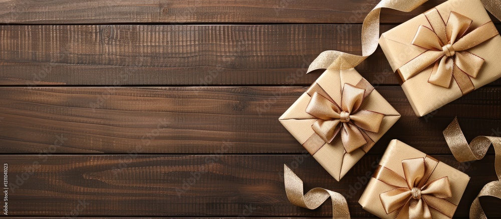 Aufkleber top view of three neatly arranged gift boxes with beige ribbons on a dark wooden surface featuring a