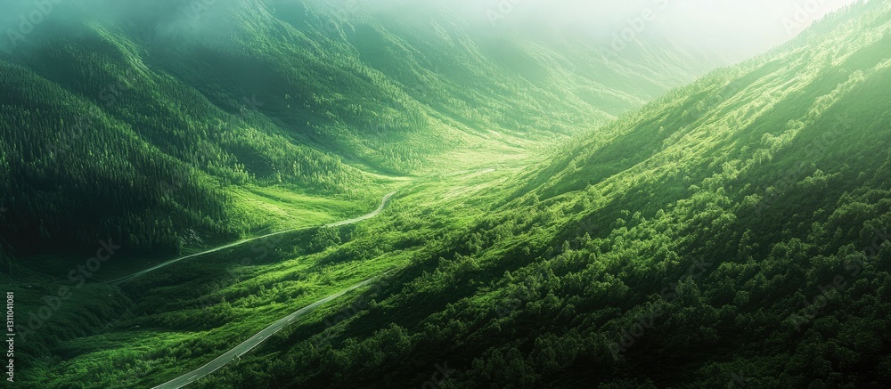 Poster aerial view of winding countryside road traversing lush green forest and rolling mountains under a s