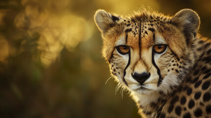 Obraz premium Close up of cheetah face with intense gaze in golden light