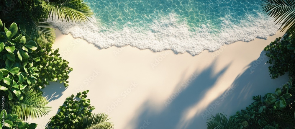 Poster aerial view of a tropical summer beach with white sand and gentle waves, surrounded by laurel leaves