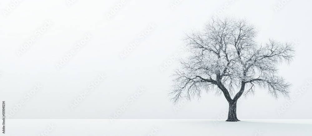Poster Lonely bare tree with intricate branches on a serene white background creating a tranquil and minimalist winter landscape aesthetic