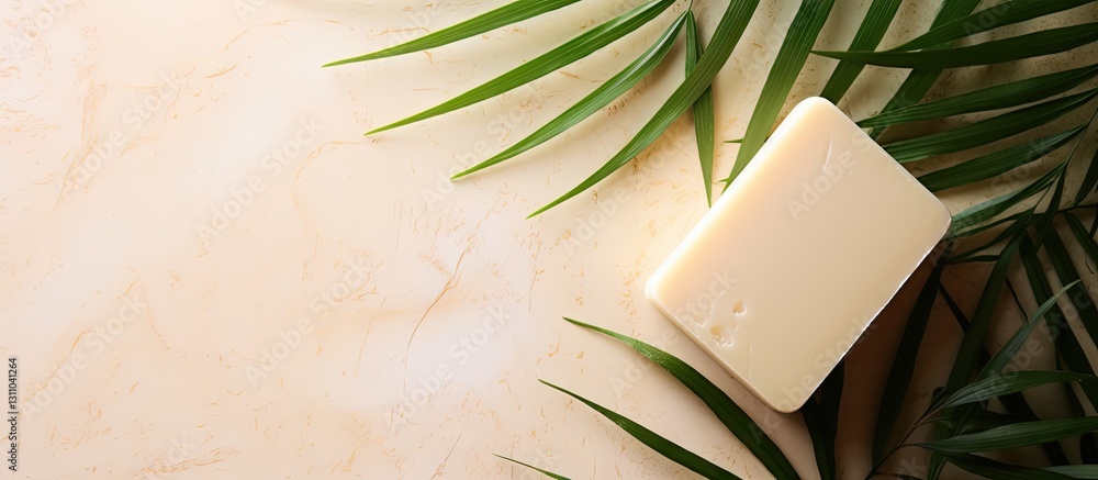 Poster creamy soap bar positioned on a soft beige surface with green palm leaves delicately framing the top