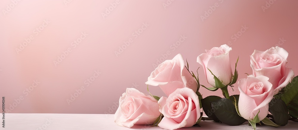 Aufkleber delicate pink roses with green leaves arranged on a light pink background creating ample copy space 