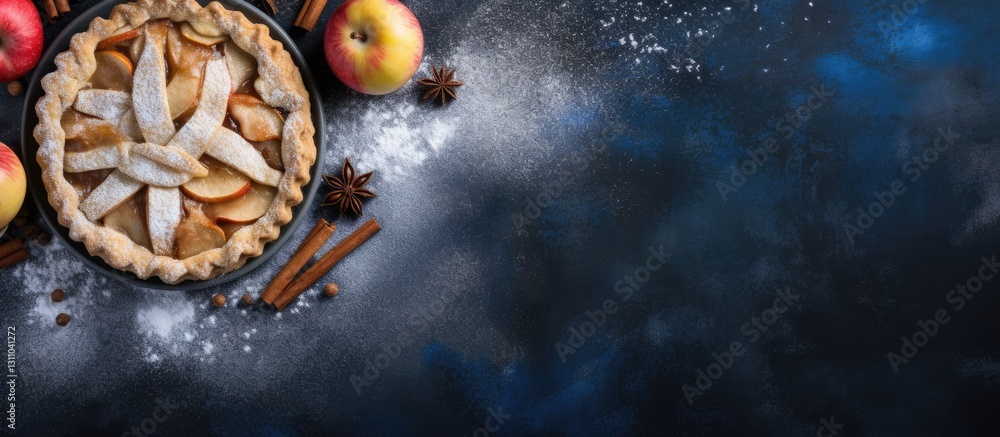 Poster homemade apple pie with golden crust on dark textured background surrounded by fresh apples and cinn