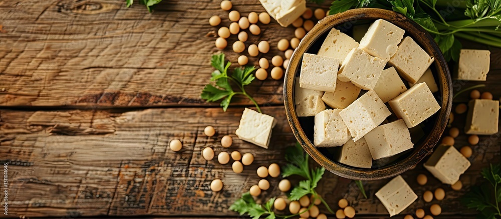 Poster delightful top view of fresh tofu cubes with soybeans and parsley arranged on rustic wooden surface 