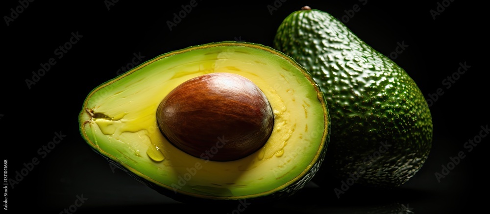 Poster sliced ripe avocado revealing green flesh and brown seed positioned on a black background with ample