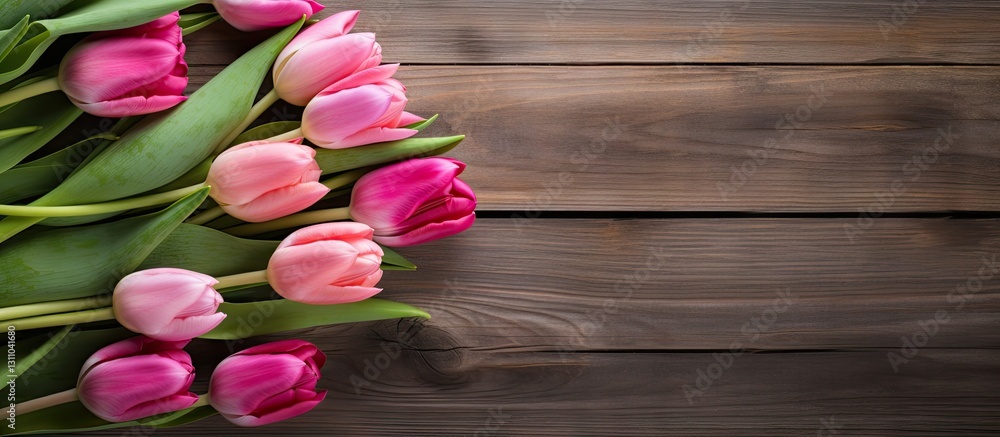 Poster fresh pink and purple tulips arranged diagonally on a rustic wooden backdrop with ample negative spa