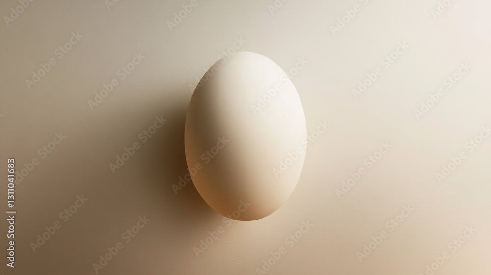 Poster minimalist egg: a single, perfectly formed egg stands in stark simplicity on a softly illuminated su