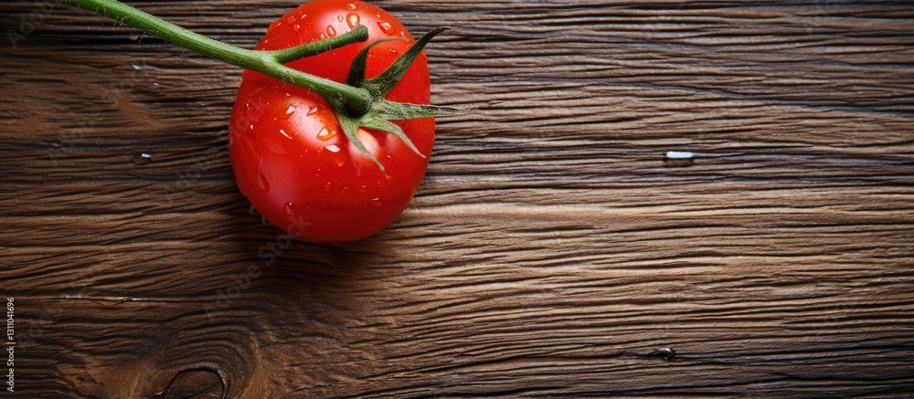 Aufkleber Fresh cherry tomato positioned on the left side of a dark weathered wooden surface with visible cracks creating ample copy space on the right side