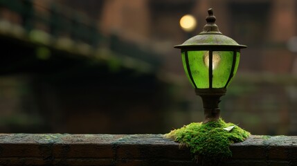 A green lamp with a white light bulb sits on a mossy base, with a blurred background of a bridge and a cityscape.