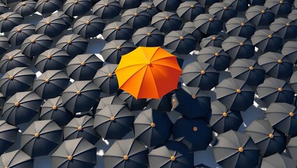 A vibrant standout orange umbrella rises above a dark rainy city street.