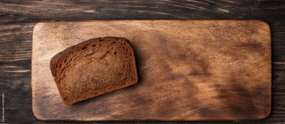 Poster top view of a slice of dark brown rye bread positioned left on a rustic wooden cutting board with am