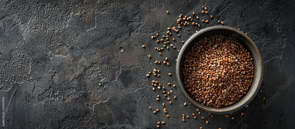 Poster Bowl of buckwheat grains in dark brown tones centered on dark concrete surface with scattered grains on the left and ample negative space for text
