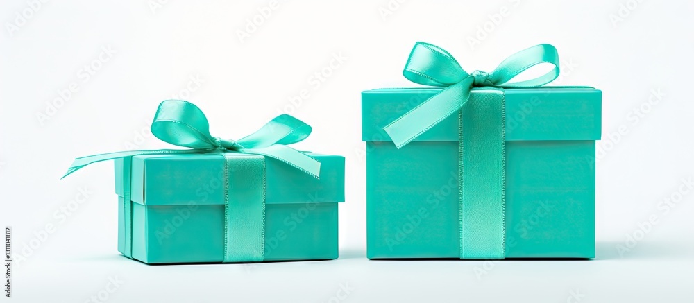 Poster two aqua menthe gift boxes with matching bows positioned on either side of a bright white background